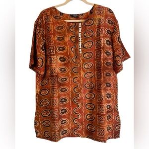 FLEURS Women's Brown Rust Patterned Tunic Short Sleeve Top No tag Size L/XL